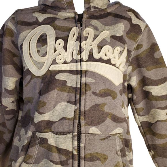 OshKosh Logo Hoodie Boys Zipped Sweatshirt Jacket Grey Camo Size 6 - Picture 5 of 6
